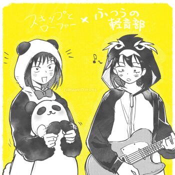 2girls :o animal_costume animal_ears animal_hood bow bowtie chinese_commentary commentary_request copyright_name cosplay crossover eighth_note electric_guitar fender_telecaster futsuu_no_keion-bu greyscale_with_colored_background guitar hair_ornament happy_aura hatono_chihiro holding holding_guitar holding_instrument holding_stuffed_toy hood hood_up instrument iwakura_mitsumi kigurumi motion_lines multiple_girls musical_note panda_costume panda_ears panda_hair_ornament panda_hood penguin_costume penguin_hood skip_to_loafer stuffed_animal stuffed_panda stuffed_toy sunio0202 twitter_username upper_body yellow_background
