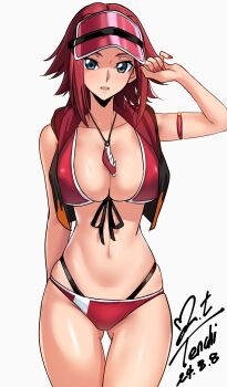 1girl absurdres artist_name ass bikini blue_eyes breasts cleavage code_geass code_geass:_lost_stories curvy dated front-tie_bikini_top front-tie_top gluteal_fold green_eyes hat highres kouzuki_kallen large_breasts multi-strapped_bikini_bottom red_bikini red_hair red_hat red_vest shiny_skin short_hair signature solo swimsuit vest visor_cap wide_hips yoo_tenchi