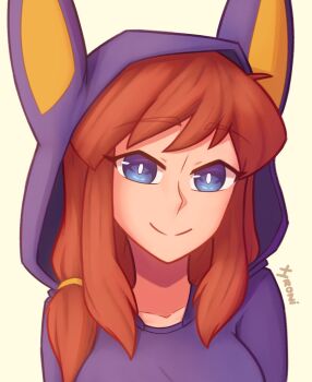 1girl a_hat_in_time aged_up alternate_costume animal_ears blue_eyes brown_hair closed_mouth collarbone commentary english_commentary fake_animal_ears hair_tie hat_kid highres hood hoodie looking_at_viewer purple_hoodie rabbit_ears sidelocks signature smile solo split_mouth upper_body xyronii yellow_background
