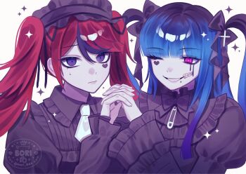 1boy 1girl alternate_costume alternate_hairstyle amemiya_darumi black_bow black_dress black_hair black_streaks blue_eyes blue_hair bori_044 bow collared_dress commentary crossdressing crossdressing_(mtf) dress facial_mark frilled_dress frilled_hairband frills grin hair_bow hairband heart heart_facial_mark highres holding_hands interlocked_fingers juliet_sleeves long_hair long_sleeves looking_at_viewer makeup multicolored_hair necktie one_eye_closed pink_eyes puffy_sleeves red_hair roots_(hair) safety_pin short_hair short_necktie smile sparkle streaked_hair sumino_takumi sweatdrop symbol-only_commentary the_hundred_line_-last_defense_academy- twintails twitter_username two-tone_hair upper_body watermark white_background white_necktie