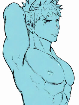 1boy animal_ears armpits earrings hakamada_taco highres jewelry male_focus monochrome muscular muscular_male nipples original pectorals short_hair solo tongue tongue_out topless_male upper_body white_background