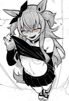 1girl alley belly black_skirt breasts choker commentary english_commentary flirting greyscale heart heart-shaped_pupils highres kunitoro_(artist) lifting_own_clothes looking_at_viewer looking_down mayano_top_gun_(umamusume) monochrome navel open_mouth orange_eyes seductive_smile skirt small_breasts smile solo speech_bubble spot_color symbol-shaped_pupils textless_version umamusume