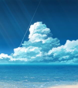 beach blue_sky blue_theme cloud cloudy_sky commentary_request contrail gesso_(hvsc8325) highres horizon light_rays no_humans ocean original scenery shadow sky sky_focus sunbeam sunlight