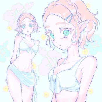 Rule 34 | 00bbb lz, 1girl, arms behind back, bare arms, bare shoulders, bikini, blonde hair, braid, breasts, cleavage, colored eyelashes, cowboy shot, crown braid, flower, green eyes, hair ornament, hairclip, hibiscus, light blush, medium breasts, midriff, multiple views, navel, nintendo, parted bangs, parted lips, pointy ears, princess zelda, sarong, short hair, sidelocks, solo, swimsuit, the legend of zelda, the legend of zelda: breath of the wild, thick eyebrows, wet, white bikini, white sarong, yellow flower