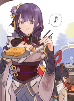 2girls absurdres black_hair blue_pupils blunt_bangs breasts bridal_gauntlets chewing chibi chopsticks cleavage closed_mouth clothing_cutout commentary_request cooking detached_sleeves eating egg fan_hair_ornament fire flower flower_ornament flying_sweatdrops food bad_tag from_side genshin_impact gradient_hair hand_up happy highres holding holding_chopsticks holding_plate indoors japanese_clothes jumbowhopper kimono kneeling kujou_sara large_breasts light_blush long_hair looking_at_food mask mask_on_head multicolored_eyes multicolored_hair multiple_girls musical_note neck_ribbon no_mole off_shoulder omelet omurice plate purple_flower purple_hair purple_kimono raiden_shogun red_ribbon red_sash ribbon sash satisfied shade short_hair short_sleeves shoulder_cutout sleeveless spoken_musical_note standing swept_bangs upper_body yellow_eyes yuri