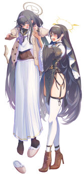 +_+ black_dress black_garter_straps black_hair black_pantyhose blue_archive blue_eyes blue_neckerchief blush bodystocking book boots bridal_veil brown_boots brown_cardigan brown_halo cable_knit cardigan carrying carrying_person commentary_request covered_navel dress embarrassed eye_contact eyewear_strap falling_books frilled_sleeves frills garter_straps glasses groin hairband halo high_heel_boots high_heels highres hinata_(blue_archive) holding holding_book jewelry layered_sleeves legwear_garter long_hair long_legs long_skirt looking_at_another looking_back neckerchief necklace nun open_mouth panties panties_under_pantyhose panty_straps pantyhose pelvic_curtain pleated_skirt purple_hairband red_eyes round_eyewear school_uniform see-through_clothes see-through_midriff serafuku shirt side-tie_dress side_slit simple_background single_slipper skirt slippers small_sweatdrop syafa thighhighs trinity_general_school_logo ui_(blue_archive) underwear veil very_long_hair white_background white_serafuku white_shirt white_thighhighs wide_sleeves winged_halo yellow_halo