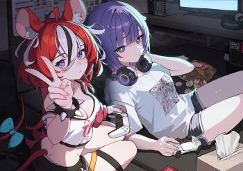 2girls animal_ear_fluff animal_ears bag_of_chips black_hair black_shorts blue_bow blue_eyes blunt_bangs bow bracelet breasts bright_pupils chips_(food) closed_mouth commentary computer controller crop_top dolphin_shorts food game_controller hair_between_eyes hakos_baelz hakos_baelz_(1st_costume) headphones headphones_around_neck hellk111 highres holding holding_controller holding_game_controller hololive hololive_english indoors internet_cafe jewelry lay&#039;s_(potato_chips) light_blush long_hair looking_at_viewer medium_breasts mole mole_under_eye monitor mouse_ears mouse_girl mouse_tail multiple_girls ninomae_ina&#039;nis ninomae_ina&#039;nis_(loungewear) official_alternate_costume official_alternate_hairstyle panties panty_peek potato_chips print_shirt purple_eyes purple_hair reclining red_hair shirt short_hair short_shorts shorts sitting spiked_bracelet spikes t-shirt tail tail_bow tail_ornament tissue_box underwear v virtual_youtuber white_hair white_panties white_pupils white_shirt