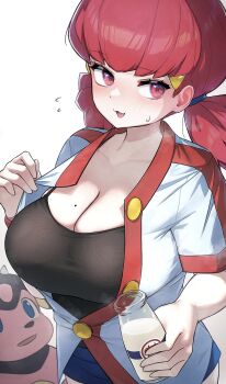 1girl alternate_breast_size baseball_jersey blush bottle breasts cleavage commentary crop_top flying_sweatdrops gen_2_pokemon hair_ornament hairclip highres jersey kashu_(hizake) large_breasts milk milk_bottle miltank mole mole_on_breast moomoo_milk nintendo pink_eyes pink_hair pokemon pokemon_hgss short_twintails skirt solo sweat symbol-only_commentary twintails whitney_(pokemon)