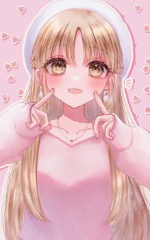 1girl :d beret blonde_hair blush braid brown_eyes commentary earrings fingers_to_cheeks half_up_braid hat heart heart_background heart_necklace highres jewelry long_hair long_sleeves looking_at_viewer necklace nijisanji official_alternate_costume open_mouth parted_bangs pink_background pink_sweater pointing pointing_at_self pom_pom_(clothes) pom_pom_earrings sakurazawa_(sakuracandy123) scarf sister_claire sister_claire_(4th_costume) smile solo straight_hair sweater symbol-only_commentary upper_body virtual_youtuber white_hat white_scarf wispy_bangs