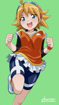 1girl bike_shorts blonde_hair blue_eyes breasts chicago-x digimon digimon_universe:_appli_monsters highres itsuki_(digimon) short_hair shorts solo tagme