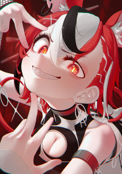 1girl animal_ear_fluff animal_ear_piercing animal_ears appleblossomtea breasts cleavage commentary_request earrings eyelashes grin hair_between_eyes hakos_baelz hakos_baelz_(monochrome_dancer) highres hololive hololive_english jewelry mouse_ears mouse_girl mouse_tail multicolored_hair official_alternate_costume official_alternate_hairstyle red_eyes red_hair sharp_teeth smile solo tail teeth v virtual_youtuber w white_hair yellow_pupils
