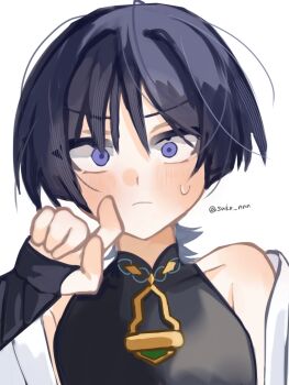 1boy armor armpit_crease black_bodysuit black_bridal_gauntlets black_hair blunt_ends blush bodysuit bridal_gauntlets closed_mouth covered_collarbone embarrassed genshin_impact hand_up highres japanese_armor kote kurokote looking_at_viewer male_focus mandarin_collar purple_eyes scaramouche_(genshin_impact) shoulder_peek single_bare_shoulder single_off_shoulder solo suke_nnn surprised sweatdrop twitter_username wanderer_(genshin_impact) white_background wide-eyed wispy_bangs