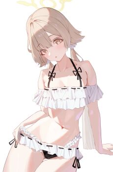 Rule 34 | 1girl, absurdres, banpen, bikini, blue archive, frilled bikini, frills, hair ornament, halo, hifumi (blue archive), hifumi (swimsuit) (blue archive), highres, long hair, low twintails, off-shoulder bikini, off shoulder, official alternate costume, ribbon-trimmed bikini, ribbon-trimmed swimsuit, ribbon trim, ruffle bikini, side-tie bikini bottom, solo, swimsuit, twintails, white background, white bikini, wing hair ornament, winged halo, yellow halo