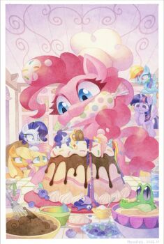 alligator animal animal_focus applejack aqua_eyes baking blonde_hair blue_eyes blueberry border bowl cake chef_hat cowboy_hat crocodilian cutie_mark eyelashes fluttershy flying food fruit green_eyes gummy_(my_little_pony) hat headies highres icing indoors long_hair mouth_hold multicolored_hair my_little_pony my_little_pony:_friendship_is_magic no_humans painting_(medium) pastry_bag pegasus pink_eyes pink_hair pinkie_pie pony_(animal) purple_eyes purple_hair rainbow_dash rainbow_hair rarity_(my_little_pony) slice_of_life sprinkles thick_eyelashes traditional_media twilight_sparkle unicorn watercolor_(medium) whisk white_border winged_unicorn wings