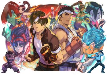 5girls 6+boys absurdres animal_ears arabian_clothes bandana bare_shoulders black_gloves black_jacket blue_eyes blue_hair blue_tube_top body_fur brown_eyes brown_gloves brown_hair capcom_vs._snk_2 cat_ears cat_girl cowboy_shot crossover dark-skinned_female dark_skin darkstalkers dougi felicia_(darkstalkers) fingerless_gloves gloves group_picture haoumaru high_ponytail highres holding holding_sword holding_weapon jacket japanese_clothes justice_gakuen kanzaki_hayato_(star_gladiator) katana kazama_akira kimono kusanagi_kyou long_hair multiple_boys multiple_girls nakoruru non-web_source nuri_kazuya official_art open_clothes open_jacket pants ponytail power_stone red_eyes red_kimono rouge_(power_stone) ryu_(street_fighter) samurai_spirits shiranui_mai star_gladiator strapless street_fighter sword terry_bogard the_king_of_fighters tube_top tunic weapon white_bandana white_fur white_pants white_tunic yagami_iori
