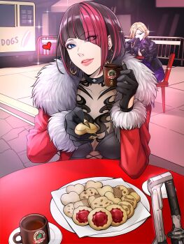 2girls anna_williams black_choker black_gloves black_hair blonde_hair cellphone choker clothing_cutout coat commentary_request cookie corset cup earrings food fur_coat glove_cutout gloves hair_over_eyes heart highres holding holding_cookie holding_food jewelry long_sleeves multicolored_hair multiple_girls nakoshe nina_williams phone plate red_coat red_hair smartphone table tekken tekken_8 two-tone_hair