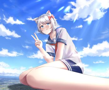 1girl absurdres blue_eyes blue_sailor_collar blue_shorts building cat_girl cloud commentary_request commission from_above from_below giant giantess highres hydrocatvt_(vtuber) looking_at_viewer mountain numaguro_(tomokun0808) original road sailor_collar shorts skeb_commission solo