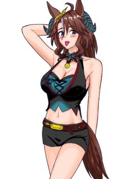 1girl animal_ears arm_behind_head belt blush breasts cleavage collarbone demon_horns detached_collar drawwitter highres horns horse_ears horse_girl horse_tail large_breasts mejiro_palmer_(devil_in_the_moonlight)_(umamusume) mejiro_palmer_(umamusume) midriff navel parted_bangs ponytail shorts signature simple_background solo tail tongue tongue_out umamusume white_background