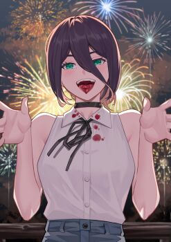 1girl aerial_fireworks aqua_eyes black_choker black_hair black_ribbon blood blood_on_clothes breasts chainsaw_man choker collared_shirt fireworks hair_between_eyes highres large_breasts looking_at_viewer neck_ribbon night nonh_(wormoftank) open_mouth outdoors reze_(chainsaw_man) ribbon severed_tongue shirt sleeveless sleeveless_shirt solo teeth upper_teeth_only white_shirt