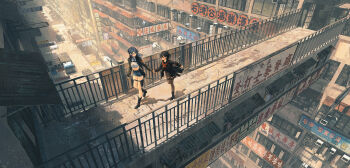 2girls absurdres awning black_hair black_serafuku black_shirt black_skirt blue_hair blue_shorts boots bridge building car chinese_text city crop_top highres holding_hands homutan_(syjg2733) jacket long_hair motor_vehicle multiple_girls original road scenery school_uniform serafuku shirt short_shorts shorts sign skirt thigh_strap thighhighs truck wide_shot