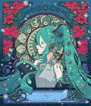 1girl absurdres aqua_eyes aqua_hair aqua_nails aqua_necktie aqua_trim blush bon_bon_eee breasts cancer_(zodiac) capricorn_(zodiac) collared_shirt commentary detached_sleeves fingernails from_side grey_shirt hair_ornament hatsune_miku highres leo_(zodiac) libra_(zodiac) long_hair medium_breasts nail_polish necktie open_mouth pisces_(zodiac) sagittarius_(zodiac) scorpio_(zodiac) shirt sleeveless sleeveless_shirt smile solo symbol-only_commentary tie_clip upper_body very_long_hair virgo_(zodiac) vocaloid zodiac