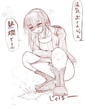 1girl alcohol blush boots bottle breasts breath choko_(cup) closed_eyes collarbone cup drink drunk earrings highres jacket jewelry long_hair long_sleeves medium_breasts monochrome necklace open_clothes open_jacket open_mouth original panties panty_pull peeing puddle sake sake_bottle smile speech_bubble squatting steam sweater tenran_(77608006) underwear