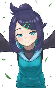 1girl absurdres aqua_eyes aqua_vest black_hair black_shirt closed_mouth commentary_request eyelashes falling_leaves ganze_382 hair_bun hair_ornament hairclip highres leaf light_blush liko_(pokemon) looking_at_viewer nintendo pokemon pokemon_(anime) pokemon_horizons shirt simple_background smile solo swept_bangs upper_body vest white_background