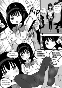 ! !! 1boy 1girl absurdres akemi_homura arm_up armpits bald bald_male blush bow bowtie breasts captured defeat emphasis_lines english_text feet greyscale gun hairband handgun hetero highres imminent_rape juliet_sleeves legs long_hair long_sleeves mahou_shoujo_madoka_magica meronlime mitakihara_school_uniform molestation monochrome multiple_views nipples one_eye_closed panties panties_under_pantyhose pantyhose pistol puffy_sleeves school_uniform skirt small_breasts smell smelling smelling_feet sound_effects spoken_exclamation_mark spread_legs standing stomach sweat tearing_clothes toes torn_clothes underwear undressing undressing_another weapon