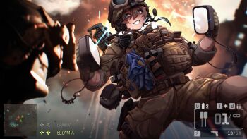 1girl 1other absurdres artist_name battlefield_(series) battlefield_6 blue_eyes blue_gloves brown_hair bulletproof_vest camouflage camouflage_pants combat_helmet commentary defibrillator ear_protection electricity english_commentary epakim explosion facial_scar gloves goggles goggles_on_headwear green_gloves gun handgun helmet highres holding knee_pads lamia_(epakim) looking_at_viewer microphone minimap original pants radio scar scar_across_eye scar_on_arm scar_on_cheek scar_on_face sig_sauer sig_sauer_p320 sleeves_rolled_up smile solo tactical_clothes user_interface weapon white_mouth