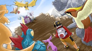 1990s_(style) 2boys animal_ears backpack backwards_hat bag baseball_cap beak black_hair clenched_hand cloud crossed_arms dafuq-izdis-schitt day denim dragonite espeon ethan_(pokemon) faceless faceless_male feraligatr flying gen_1_pokemon gen_2_pokemon hat highres holding horns jeans lapras legendary_pokemon mountain multiple_boys multiple_tails nidoking nintendo omastar pants pidgeot poke_ball pokemon pokemon_(creature) pokemon_gsc red_(pokemon) retro_artstyle shadow shoes single_horn sky smirk spikes spoilers standing steelix sunlight tail talons tentacles twitch_plays_pokemon venomoth wings zapdos