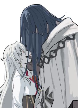 Rule 34 | ahoge, azrael (grand assassin) (fate), black corset, blue hair, chain, colored skin, corset, earrings, fate/grand order, fate (series), grey skin, hair over face, hand on another's face, highres, hood, jewelry, long hair, necktie, olga marie animusphere, olga marie animusphere (unbeast), open mouth, orange eyes, robe, sweatdrop, tadanootaku 87, very long hair, white hair, white robe