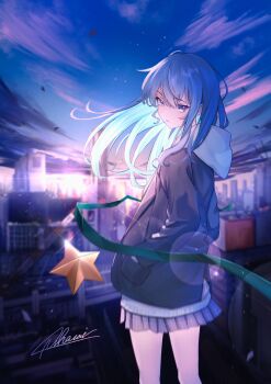 1girl absurdres alternate_costume back black_jacket blue_eyes blue_hair blue_skirt blurry blurry_background building city cityscape cloud commentary floating_hair hair_between_eyes hands_in_pockets highres hololive hoshimachi_suisei jacket long_hair long_single_sidelock looking_at_viewer looking_back niharai parted_lips plaid_clothes plaid_skirt pleated_skirt shirt sidelocks signature skirt sky solo star_(sky) star_(symbol) star_in_eye starry_sky sunrise symbol_in_eye thighs virtual_youtuber white_hood white_shirt