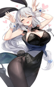 1girl :d ^_^ animal_ears arms_up bare_shoulders black_bow black_leotard black_shoes blue_vest blush bow braid breasts brown_pantyhose cleavage closed_eyes collar commentary_request detached_collar facing_viewer grey_hair hair_ornament heart heart_background heart_hair_ornament high_heels highres key leotard long_hair medium_breasts meyamu open_mouth original pantyhose playboy_bunny rabbit_ears rabbit_tail shoes single_braid smile solo strapless strapless_leotard tail very_long_hair vest white_collar wrist_cuffs