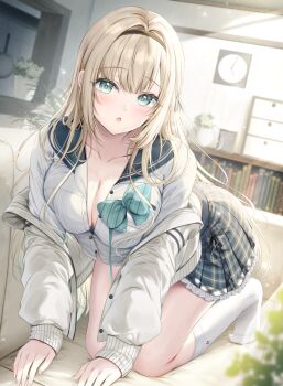1girl :o all_fours black_skirt blonde_hair blue_eyes blue_sailor_collar bow bowtie breasts buttons cleavage collarbone commentary_request couch cover cover_page crop_top hairband indoors jacket large_breasts long_hair looking_at_viewer midriff miniskirt no_shoes novel_cover novel_illustration off_shoulder official_art on_couch open_clothes open_jacket open_mouth original partially_unbuttoned plaid_clothes plaid_skirt pleated_skirt sailor_collar school_uniform shirt skirt socks solo thighs tomoo_(tomo) white_jacket white_shirt white_socks