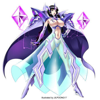 1girl armor armpits artist_name black_hair boots breastless_armor breastless_clothes breasts cape cleavage commentary_request elbow_gloves fantasy fantasy_defense fingerless_gloves floating floating_gem floating_object gem gloves hand_on_own_hip high_heels highleg highleg_panties hime_cut jilpoong17 large_breasts legs_apart long_hair looking_at_viewer navel official_art open_mouth panties purple_armor purple_cape purple_electricity purple_gem revealing_clothes see-through_clothes see-through_skirt shoulder_armor skirt sleeveless solo underwear wizard