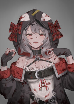 1girl :d absurdres animal_hood bad_id bad_pixiv_id bare_shoulders black_gloves black_hair blush bow breasts camisole cleavage collar fingerless_gloves gloves hair_ornament heart highres hololive hood hood_up kit looking_at_viewer medium_hair multicolored_hair nail_polish off-shoulder_jacket off_shoulder open_mouth orca_hood plaid_bow red_eyes red_nails sakamata_chloe silver_hair smile solo squinting streaked_hair teeth upper_body upper_teeth_only virtual_youtuber white_camisole x_hair_ornament