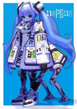 1girl absurdres axe blue_background blue_eyes blue_hair breasts commission cyborg hair_ornament highres holding holding_axe long_hair looking_at_viewer machine mechanical_legs medium_breasts midriff muzinneki navel pixiv_commission shadow shoes simple_background solo very_long_hair virtual_youtuber vocaloid white_shoes