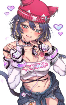 1girl :d animal_ears animal_hat bandeau bare_shoulders beanie black_hair black_jacket blonde_hair blue_shorts blush breasts clothes_around_waist clothes_writing commentary commentary_request denim denim_shorts elbow_gloves fake_animal_ears fangs gloves green_eyes groin hat headphones headphones_around_neck heart highres jacket jacket_around_waist kayanogura kiriko_(overwatch) looking_at_viewer medium_breasts multicolored_hair navel open_mouth overwatch pixelated red_hat short_shorts shorts simple_background smile solo streaked_hair symbol-only_commentary white_background white_bandeau white_gloves