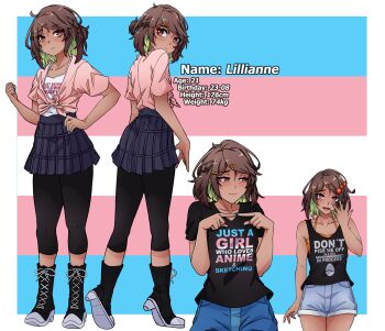 1girl absurdres artist_self-insert black_shirt black_tank_top blue_nails blue_shorts braid brown_hair character_age dark-skinned_female dark_skin denim denim_shorts gender_transitioning half_up_half_down_braid highres looking_at_viewer medium_hair megumo meme original print_shirt shirt short_shorts short_sleeves shorts smile t-shirt tank_top tied_shirt transgender_flag you_look_like_just_enough_xp_(meme)