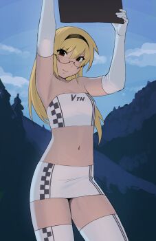 1girl alternate_costume armpits arms_up bandeau black-framed_eyewear black_hairband blind boots brown_eyes cowboy_shot crop_top elbow_gloves glasses gloves hairband highres hira_(yirtios) holding holding_sign long_hair midriff miniskirt navel original pencil_skirt race_queen semi-rimless_eyewear sign skirt smile solo strapless thigh_boots thighhighs tube_top white_bandeau white_gloves white_skirt white_thighhighs white_tube_top yirtios