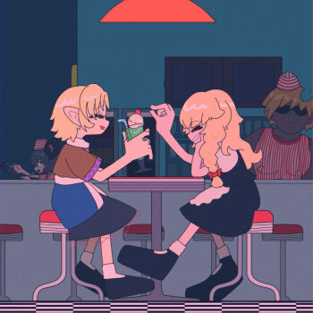 1boy 3girls absurdres alternate_costume animal_ears apron black_footwear black_skirt black_vest blonde_hair bow braid brown_shirt cherry closed_eyes closed_mouth commentary_request cookie_(touhou) dark-skinned_male dark_skin diner fast_food food frilled_apron frills fruit full_body hair_bow highres ice_cream ice_cream_float indoors joker_(cookie) kirisame_marisa long_hair mizuhashi_parsee mouse_ears mouse_girl muimui_(4242564muimui) multiple_girls nazrin nyon_(cookie) open_mouth pointy_ears profile puffy_short_sleeves puffy_sleeves red_tank_top scarf shirt shoes short_hair short_sleeves side_braid single_braid sitting skirt skirt_set smile socks stool striped_tank_top suzu_(cookie) table takuya_(acceed) tank_top touhou vest waist_apron white_apron white_scarf white_shirt white_socks white_tank_top