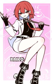 1girl :d absurdres belt black_gloves black_shirt black_shoes blush character_name commentary_request drum drumsticks fingerless_gloves gloves gradient_background highres holding holding_drumsticks horikawa_raiko instrument jacket lightning_bolt_symbol looking_at_viewer necktie open_mouth panties pink_background red_eyes red_hair red_necktie shen_bi_ren_(user_rjgy2824) shirt shoes short_hair skirt smile solo touhou underwear white_jacket white_panties white_skirt