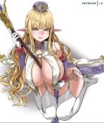1girl animated asanagi bare_shoulders beige_background black_shoes blonde_hair blunt_bangs breasts colored_eyelashes covered_erect_nipples covered_navel detached_sleeves dress elf elf_mura elf_village finger_to_mouth full_body garter_belt garter_straps gloves green_eyes hat high_heels huge_breasts large_breasts leaning_forward lk_(lk00) long_hair looking_at_viewer looking_to_the_side mini_hat navel no_bra original panties pelvic_curtain pointy_ears priscilla_(elf_mura) purple_dress red_shoes revealing_clothes see-through_clothes shoes shushing side-tie_panties sideboob sidelocks simple_background solo staff standing string_panties tagme thighhighs underboob underwear very_long_hair video white_gloves white_panties white_thighhighs