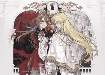 2boys absurdres apple arch arm_at_side army ascot balance_scale bell_sleeves black_blood black_gloves black_pants black_robe blonde_hair blood blood_emperor blue_eyes blue_ribbon border branch broken_pillar brown_hair cape chinese_commentary closed_mouth coat collar_chain_(jewelry) collared_shirt commission contrast contrast_collar cowboy_shot crown curtained_hair disembodied_hand eyewear_strap face-to-face facing_another flag food frilled_sleeves frills fringe_trim fruit glasses gloves hair_over_one_eye hair_ribbon hand_up highres holding holding_branch holding_flag holding_food holding_fruit holding_scale long_hair long_sleeves looking_at_another looking_at_viewer lord_of_the_mysteries low_ponytail male_focus mini_crown multiple_boys object_floating_above_hand open_hand ornate_border outside_border pants parted_bangs parted_lips platinum_(o0baijin0o) ponytail profile puffy_long_sleeves puffy_sleeves railing rain red_coat ribbon robe second-party_source shirt sidelocks sideways_glance smile statue sunlight trunsoest_(lord_of_the_mysteries) unworn_crown watermark weighing_scale white_ascot white_border white_cape white_pants white_shirt yellow_eyes