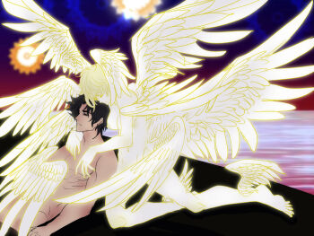 Rule 34 | 1boy, 1girl, abs, angel, angel wings, asuka ryou, belly, black hair, blonde hair, breasts, bvslime, closed eyes, devilman, devilman crybaby, eyebrows, feathered wings, feathers, fudou akira, head wings, highres, multiple boys, nipples, nude, oversized wings, satan (devilman), shirtless, short hair, stomach, wings