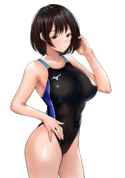 black_hair bob_cut breasts brown_eyes commentary_request competition_swimsuit covered_navel highleg highleg_one-piece_swimsuit large_breasts mizuno_(brand) nobita_(nbnobita) one-piece_swimsuit original short_hair simple_background swimsuit two-tone_swimsuit white_background