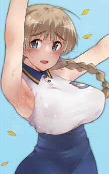 Rule 34 | 501st joint fighter wing (emblem), arm up, armpits, arms up, blue background, blue eyes, blue skirt, blush, braid, braided ponytail, breasts, brown hair, collared shirt, commentary request, em (totsuzen no hakike), hair over shoulder, high-waist skirt, large breasts, lynette bishop, polo shirt, shirt, single braid, skirt, sleeveless, sleeveless shirt, strike witches, sweat, upper body, world witches series