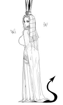 Rule 34 | 1girl, asdf (user vop2242), ass, breasts, bridal veil, bride, bug, butterfly, crown, demon tail, dress, imu (one piece), insect, large breasts, one piece, tail, veil, wedding dress