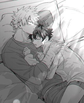 2boys bakugou_katsuki boku_no_hero_academia boxer_briefs closed_eyes closed_mouth collarbone commentary_request cuddling drooling freckles hand_on_another's_back head_on_pillow highres indoors long_sleeves male_focus male_underwear midoriya_izuku multiple_boys no_pants on_bed pants pillow scar scar_on_arm scar_on_face shirt short_hair sleeping_together spiked_hair sunlight underwear watteru22 yaoi