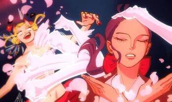 2girls absurdres adjusting_hair afterimage battle black_maria_(one_piece) closed_eyes commentary devil_fruit english_commentary fighting_stance hair_slicked_back hand_in_own_hair hand_on_own_head highres meme multiple_girls naoya_hitting_choso_without_looking_(meme) nico_robin one_piece parody punching rapid_punches scene_reference shabexzart